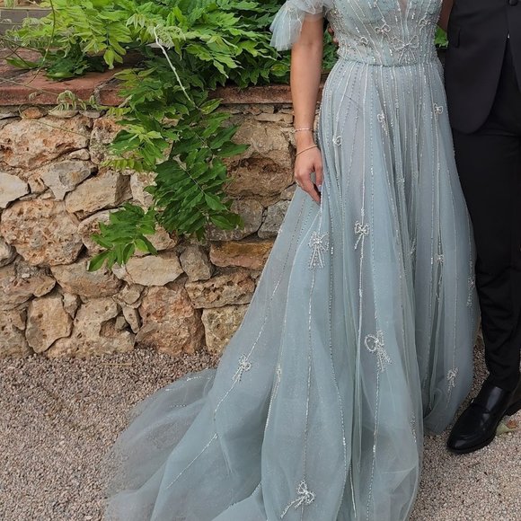 MIST COLOR PROM PARTY BEADED LACE UP CLOSURE CHARLOTTE OFF SHOULDER GOWN AL1092 - Picture 4 of 5